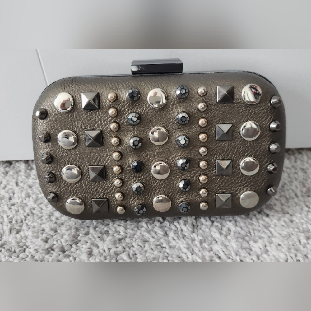 New studded party clutch in olive bronze with shoulder chain